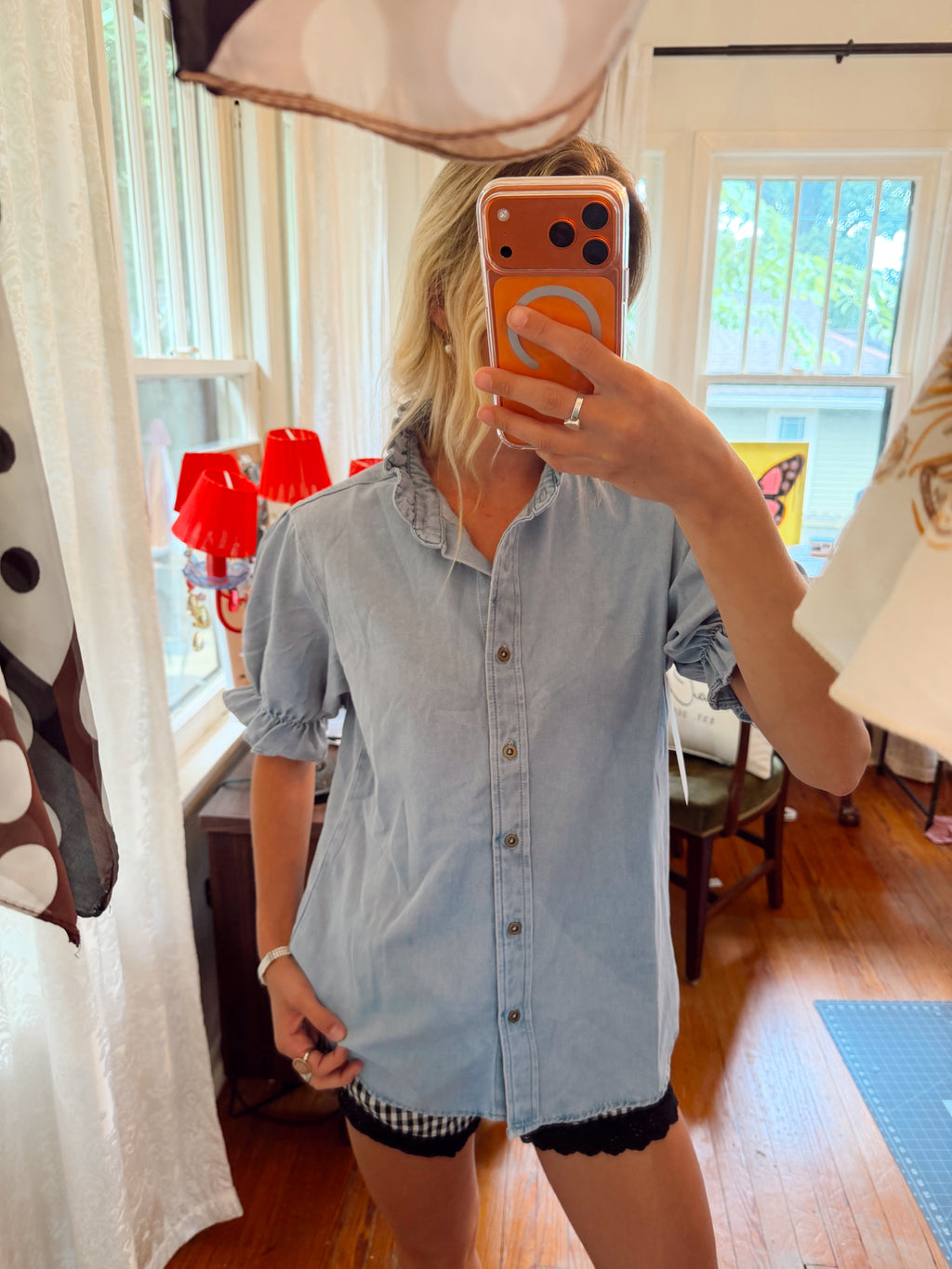 Chambray Ruffle Button Down