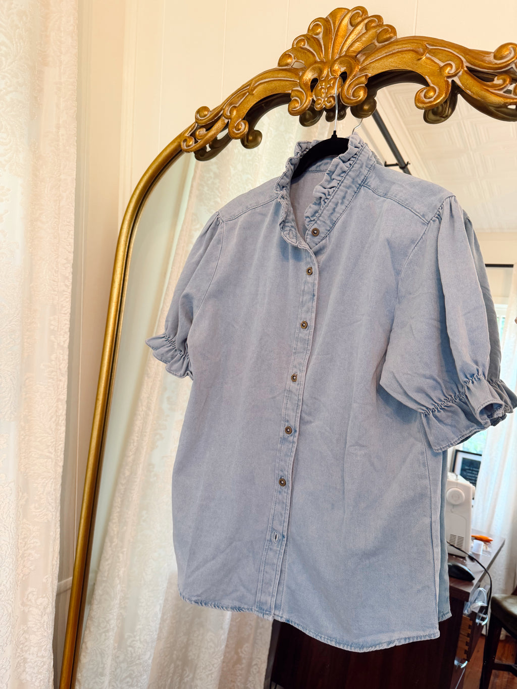 Chambray Ruffle Button Down