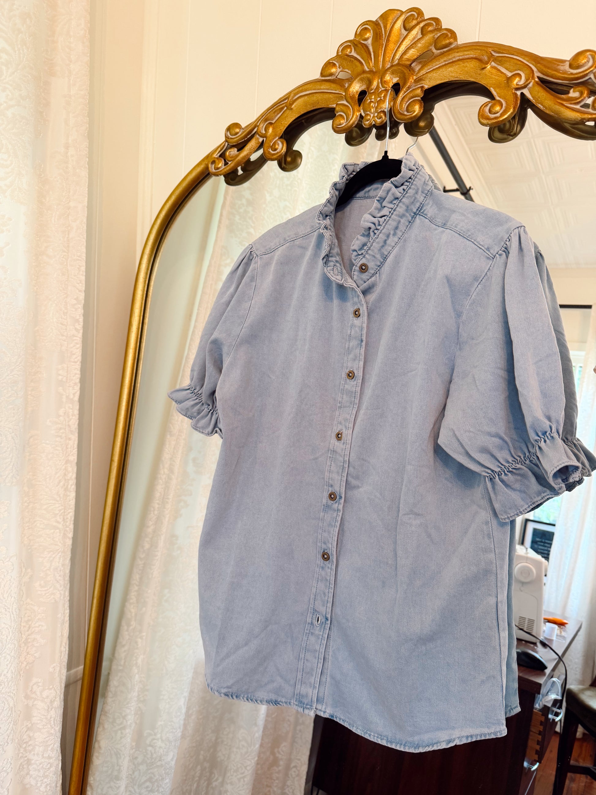 Chambray Ruffle Button Down
